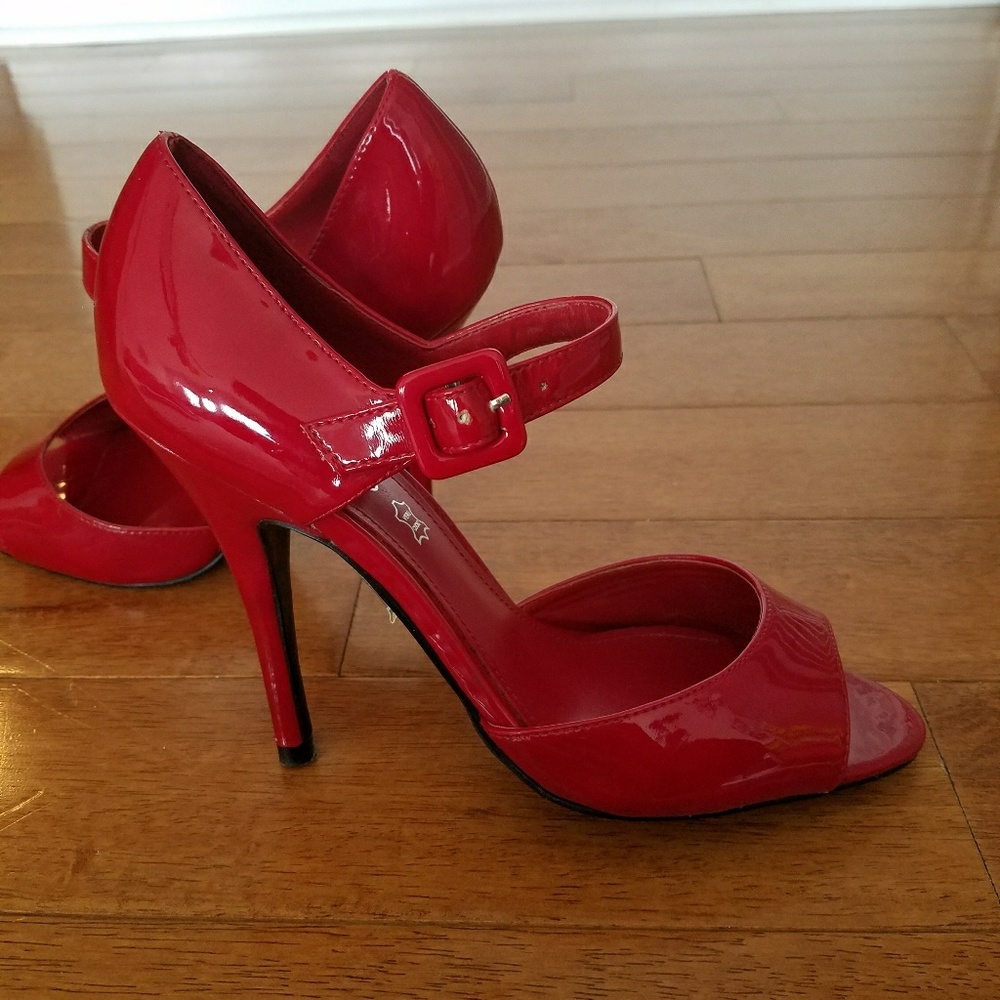 Red, Open Toe Heels w/ Ankle Strap